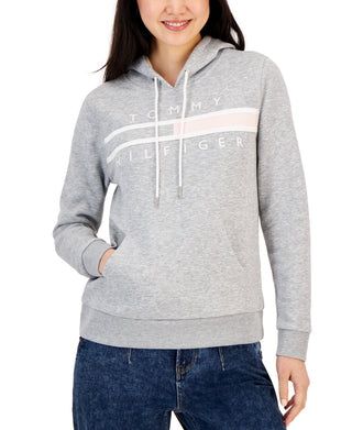 Tommy Hilfiger Moletom feminino com logo e bolso frontal, manga comprida, cinza, tamanho GG