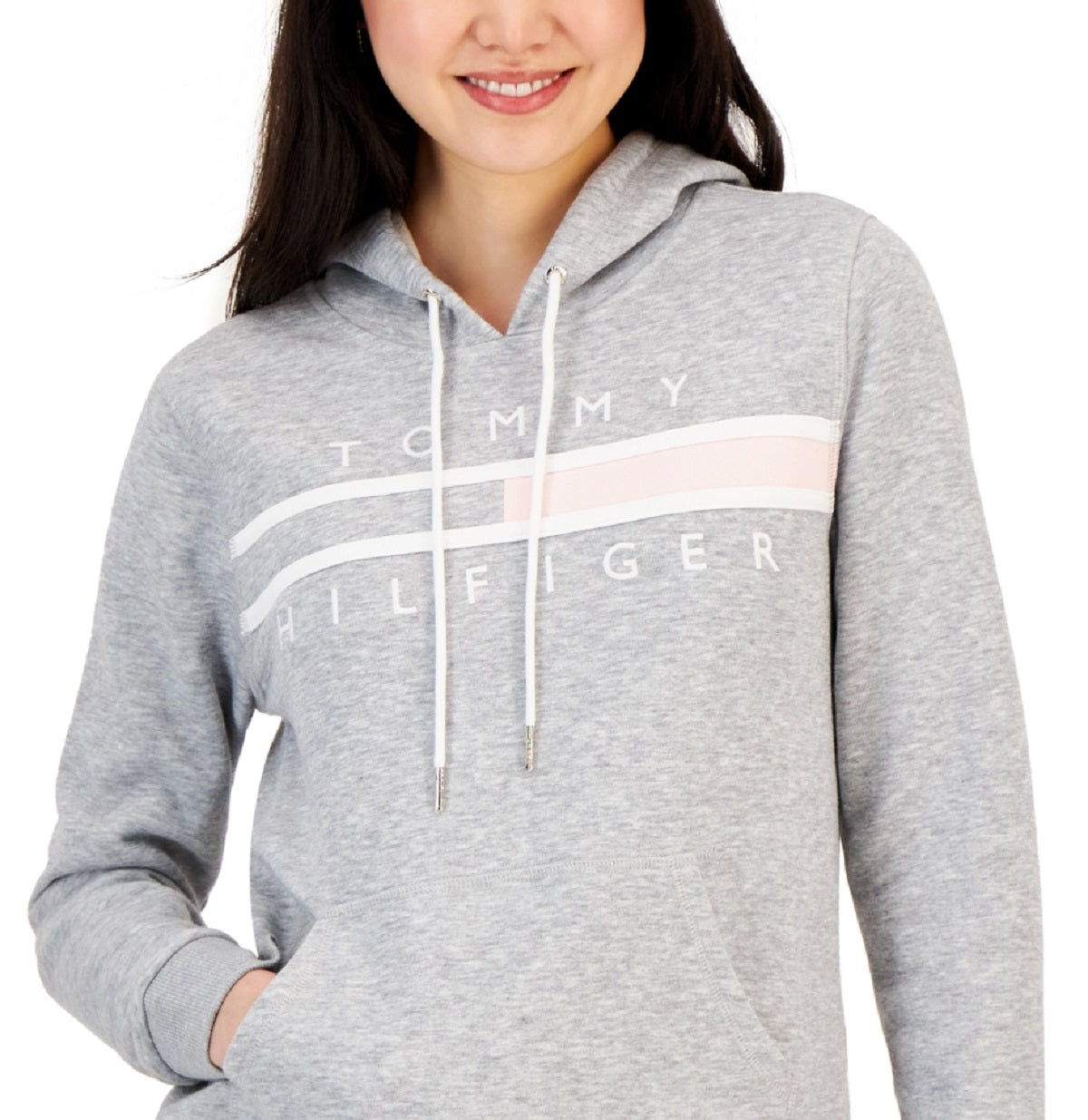 Tommy Hilfiger Moletom Feminino Manga Longa Bolso Frontal Logo Cinza Tamanho Médio