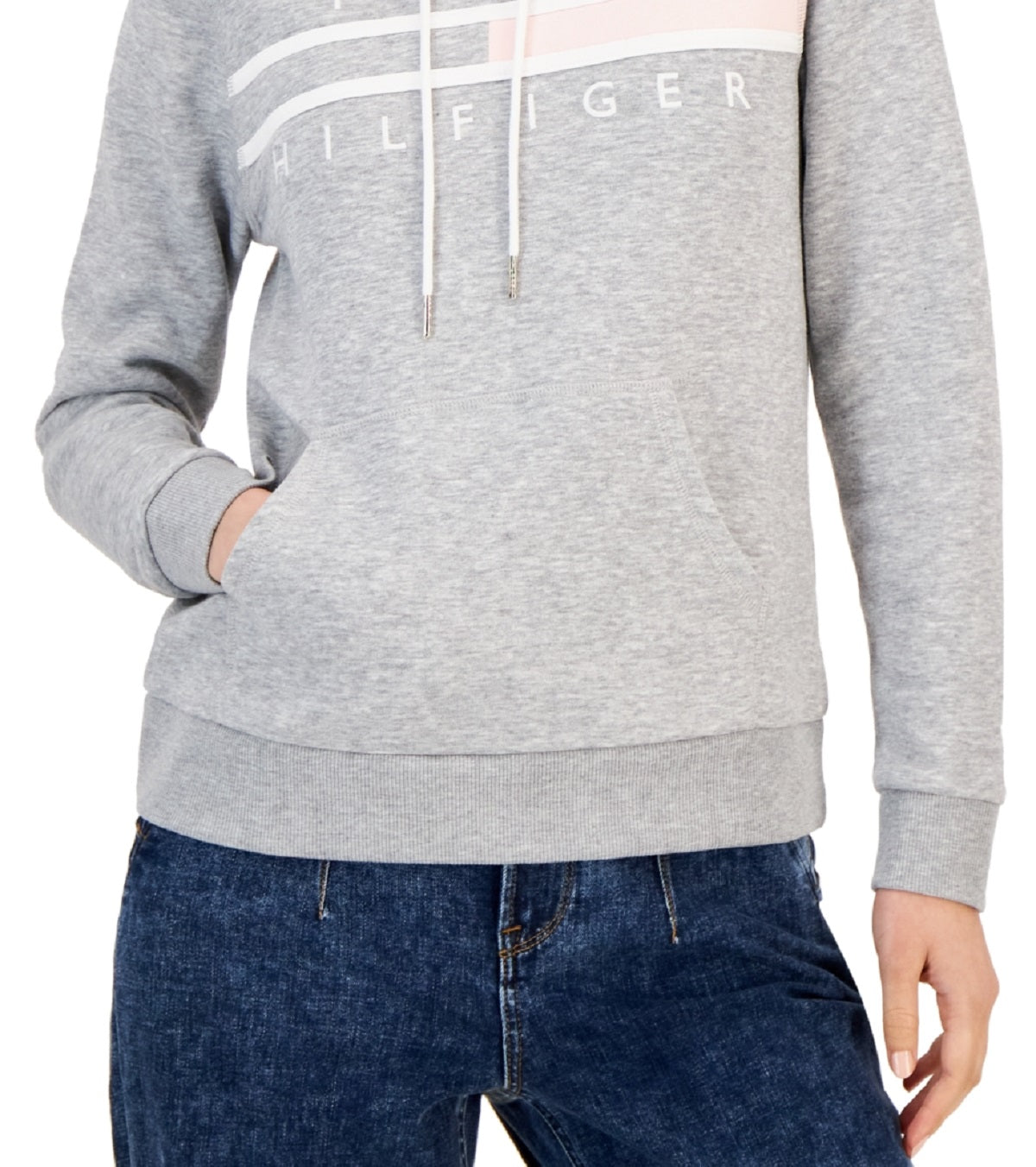 Tommy Hilfiger Moletom Feminino Manga Longa Bolso Frontal Logo Cinza Tamanho Médio