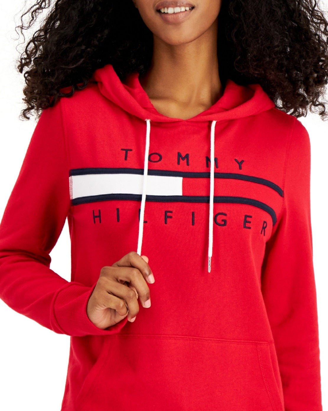 Tommy Hilfiger Moletom Feminino Manga Longa Bolso Frontal Logo Vermelho Tamanho Grande