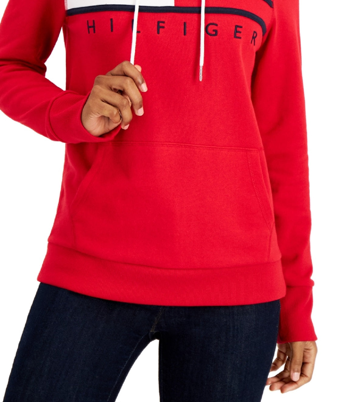 Tommy Hilfiger Moletom Feminino Manga Longa Bolso Frontal Logo Vermelho Tamanho Grande