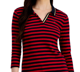 Tommy Hilfiger Polo Feminina Listrada de Algodão com Gola Johnny Vermelha Tamanho Grande