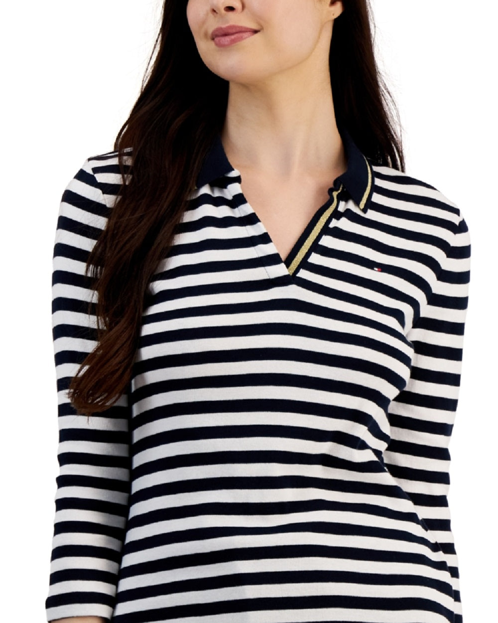 Tommy Hilfiger Polo Feminina Listrada de Algodão com Gola Johnny, Branca