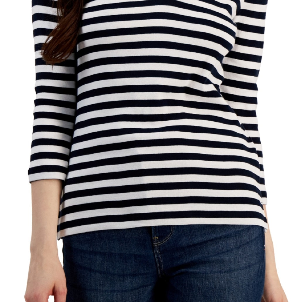 Tommy Hilfiger Polo Feminina Listrada de Algodão com Gola Johnny, Branca