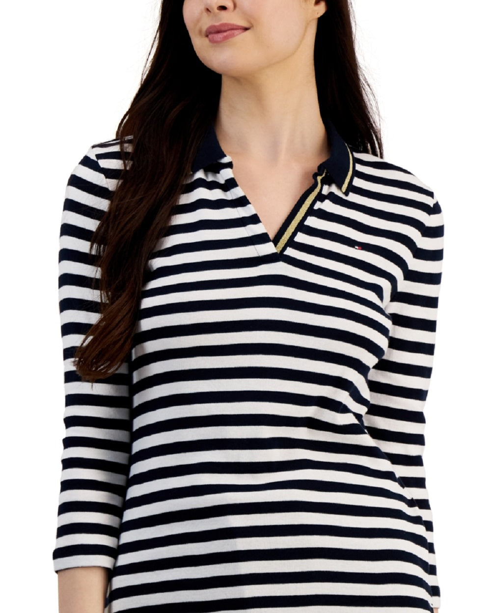 Tommy Hilfiger Polo Feminina Listrada de Algodão com Gola Johnny, Branca