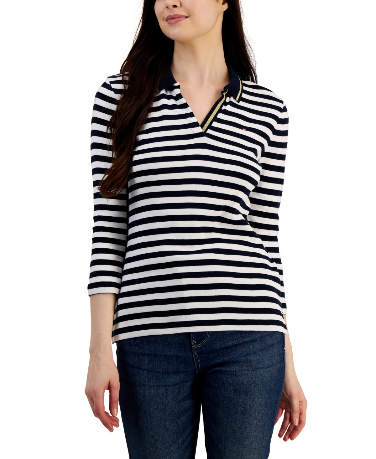 Tommy Hilfiger Polo Feminina Listrada de Algodão com Gola Johnny, Branca