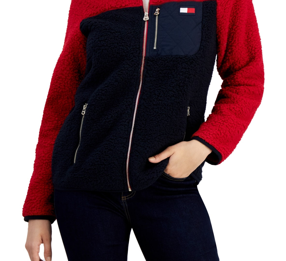 Jaqueta Tommy Hilfiger Feminina Colorblocked com Zíper, Vermelha, Tamanho X-G