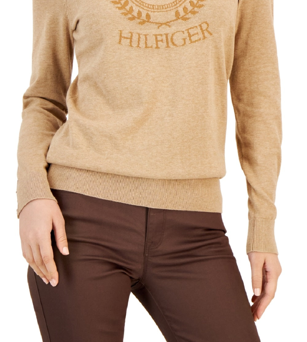 Suéter feminino Tommy Hilfiger Tonal Crest Logo Stella Cotton, marrom, tamanho grande