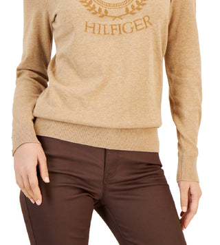 Suéter feminino Tommy Hilfiger Tonal Crest Logo Stella Cotton, marrom, tamanho grande