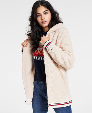 Jaqueta de lã com capuz e frente aberta feminina Tommy Hilfiger marrom tamanho grande