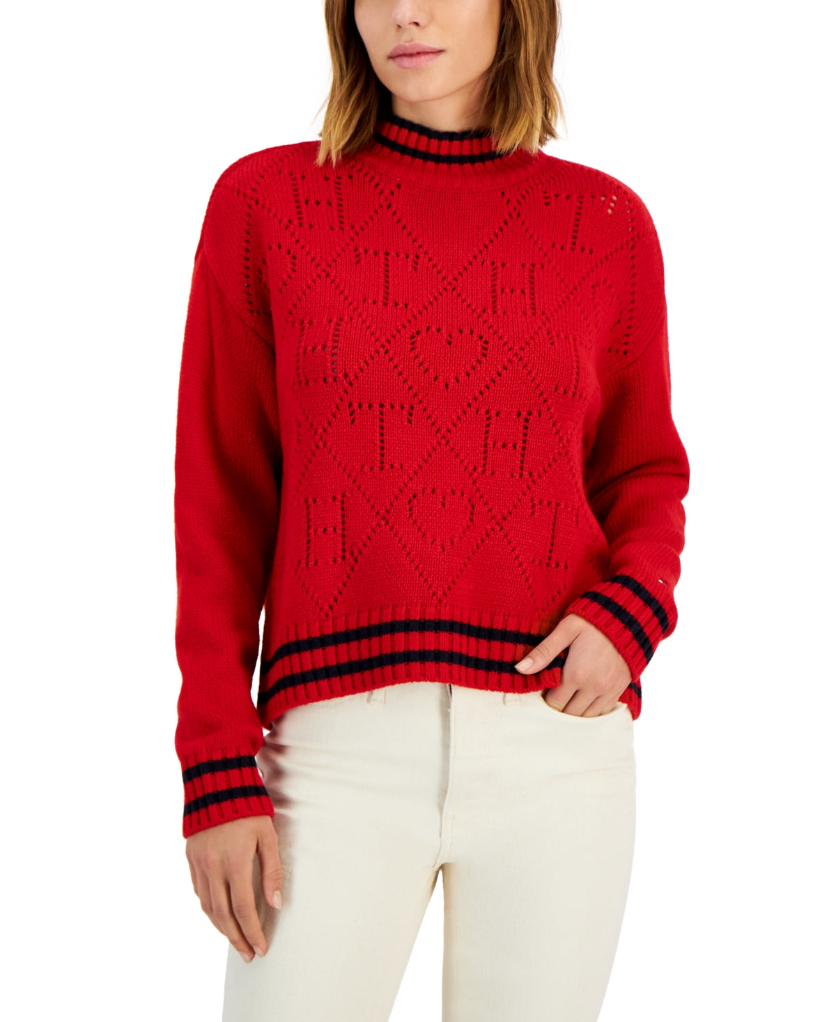 Tommy Hilfiger Suéter Feminino com Logo Argyle e Gola Redonda, Tamanho XG