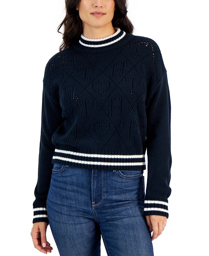 Tommy Hilfiger Suéter Feminino com Logo Argyle e Gola Redonda Azul Tamanho P