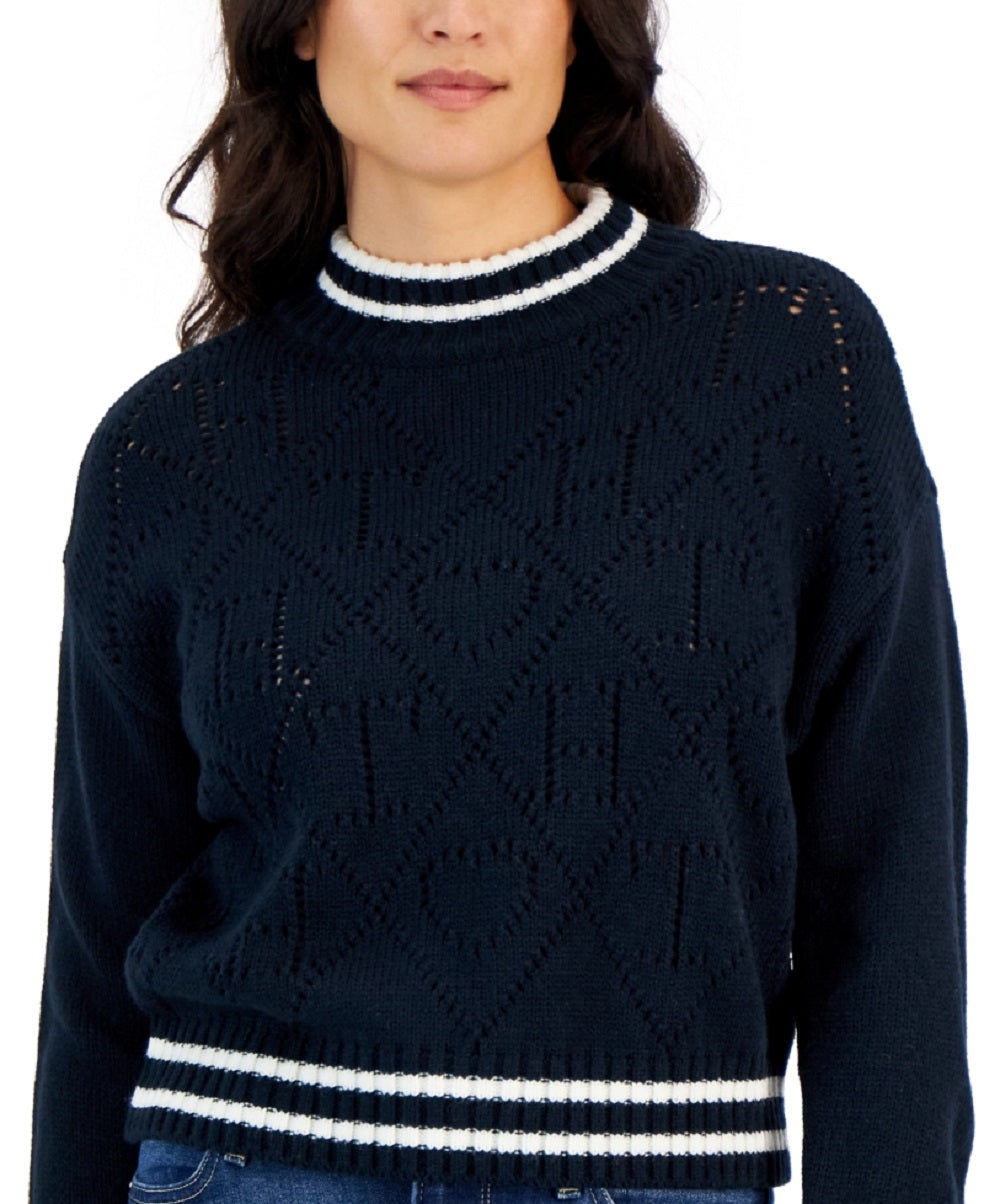 Tommy Hilfiger Suéter Feminino com Logo Argyle e Gola Redonda Azul Tamanho P