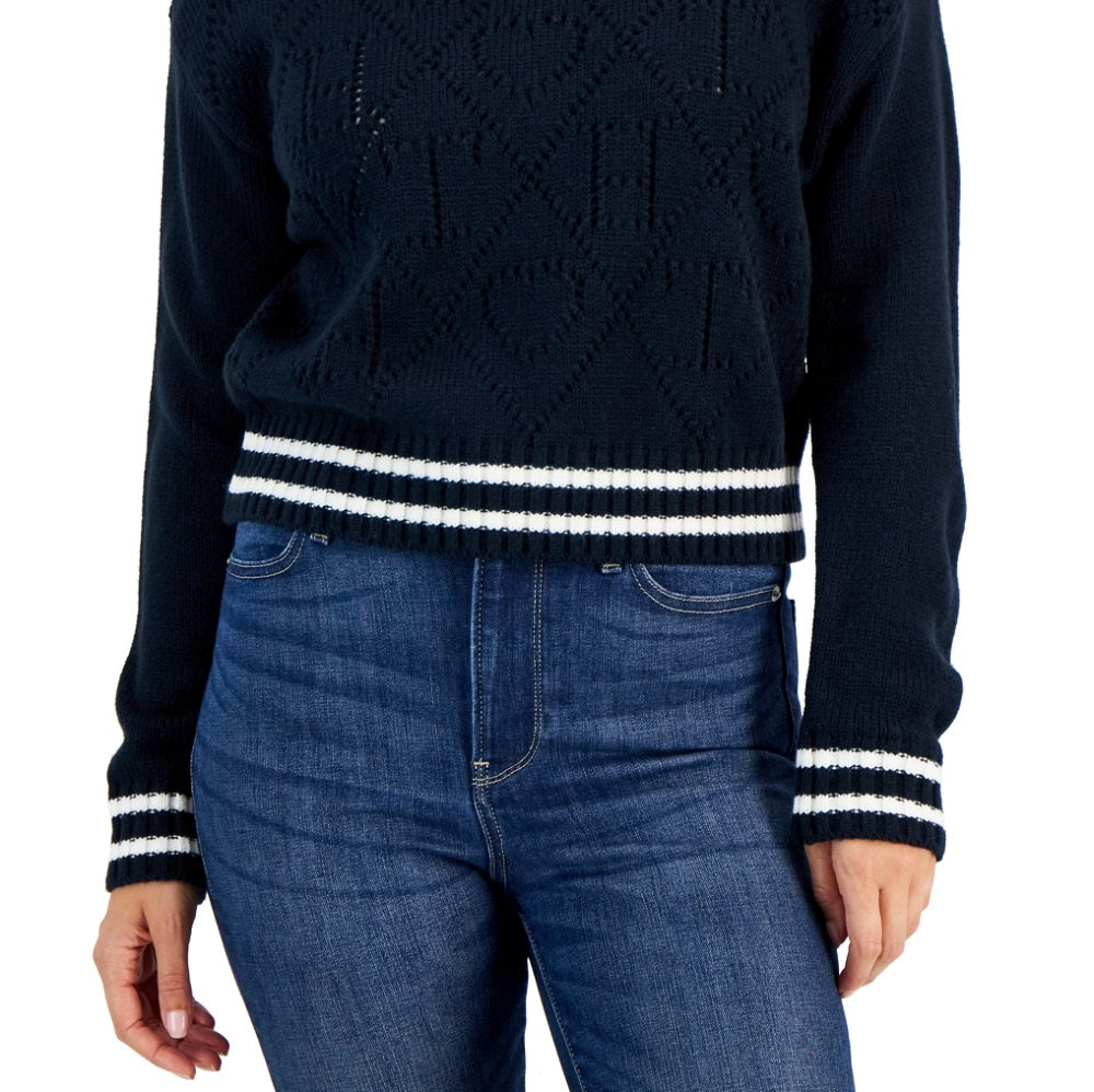 Tommy Hilfiger Suéter Feminino com Logo Argyle e Gola Redonda Azul Tamanho P