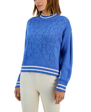 Suéter Tommy Hilfiger Feminino com Logo Argyle e Gola Simulada Azul Tamanho X-G