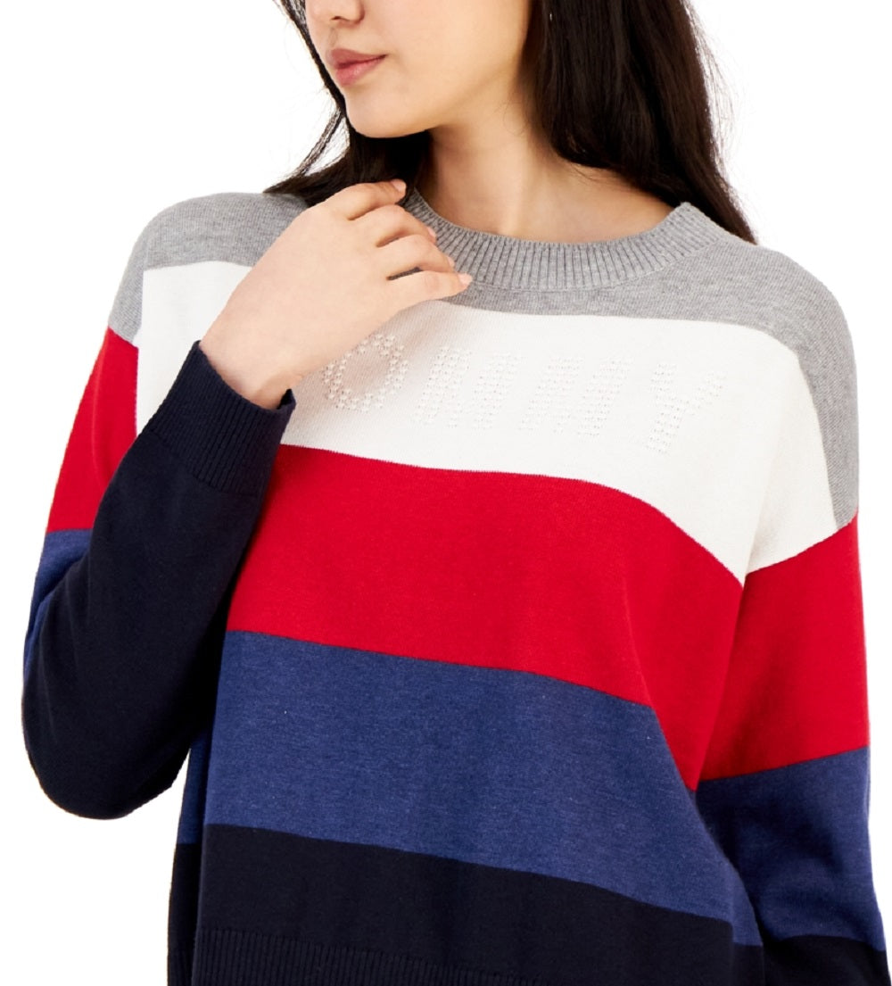 Tommy Hilfiger Suéter Listrado com Bolhas e Logotipo Feminino Vermelho Tamanho XX-G