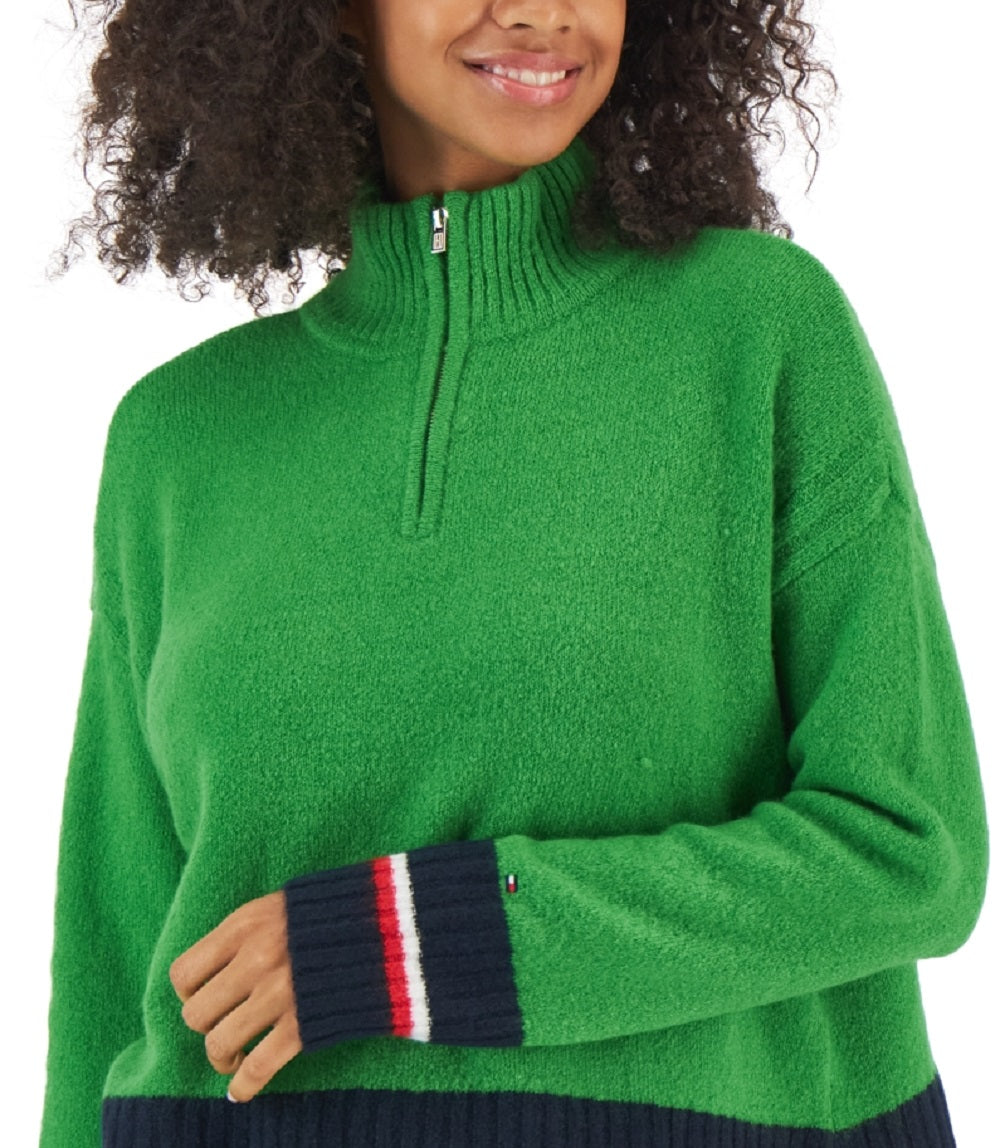 Tommy Hilfiger Suéter Feminino Colorblocked Meio Zíper Verde Tamanho P