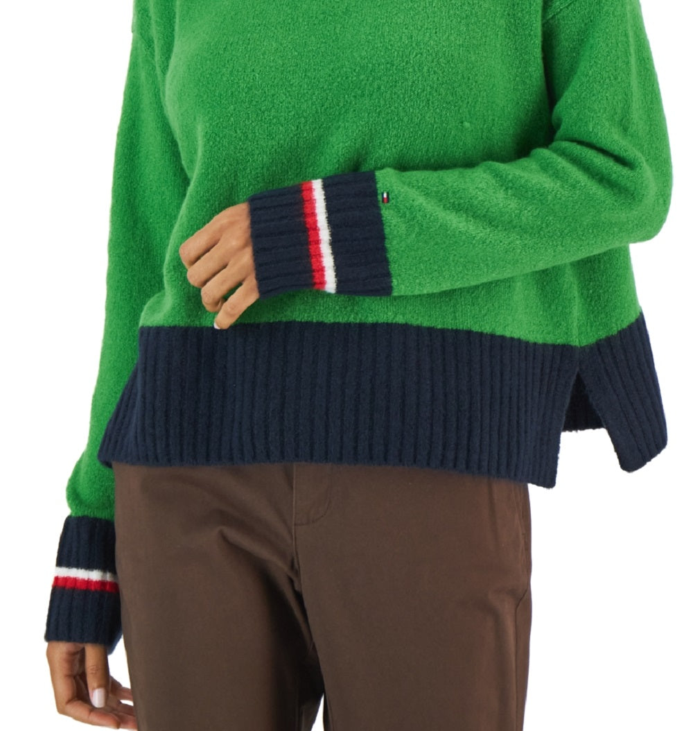Tommy Hilfiger Suéter Feminino Colorblocked Meio Zíper Verde Tamanho P