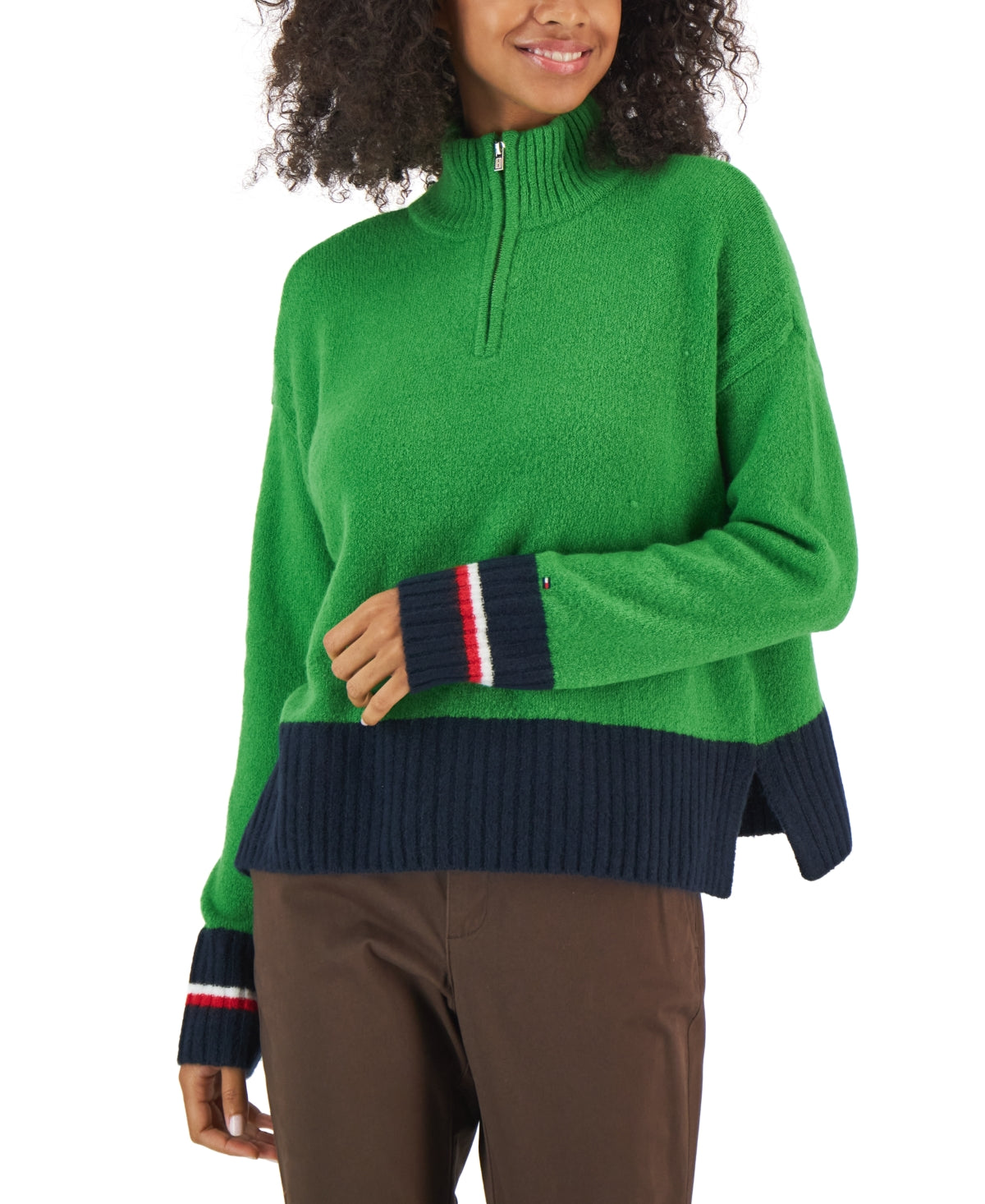Tommy Hilfiger Suéter Feminino Colorblocked Meio Zíper Verde Tamanho P