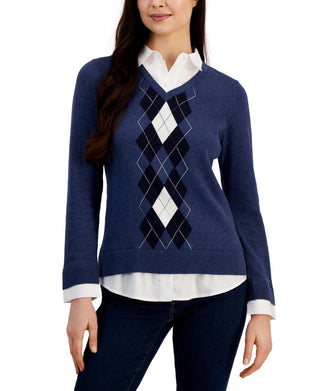 Suéter Tommy Hilfiger Feminino de Algodão com Estampa Argyle e Camadas Azul Tamanho X-G