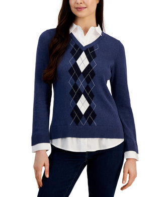 Suéter Tommy Hilfiger Feminino de Algodão com Estampa Argyle e Camadas Azul