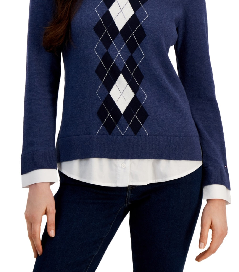 Suéter Tommy Hilfiger Feminino de Algodão com Estampa Argyle e Camadas Azul Tamanho Médio