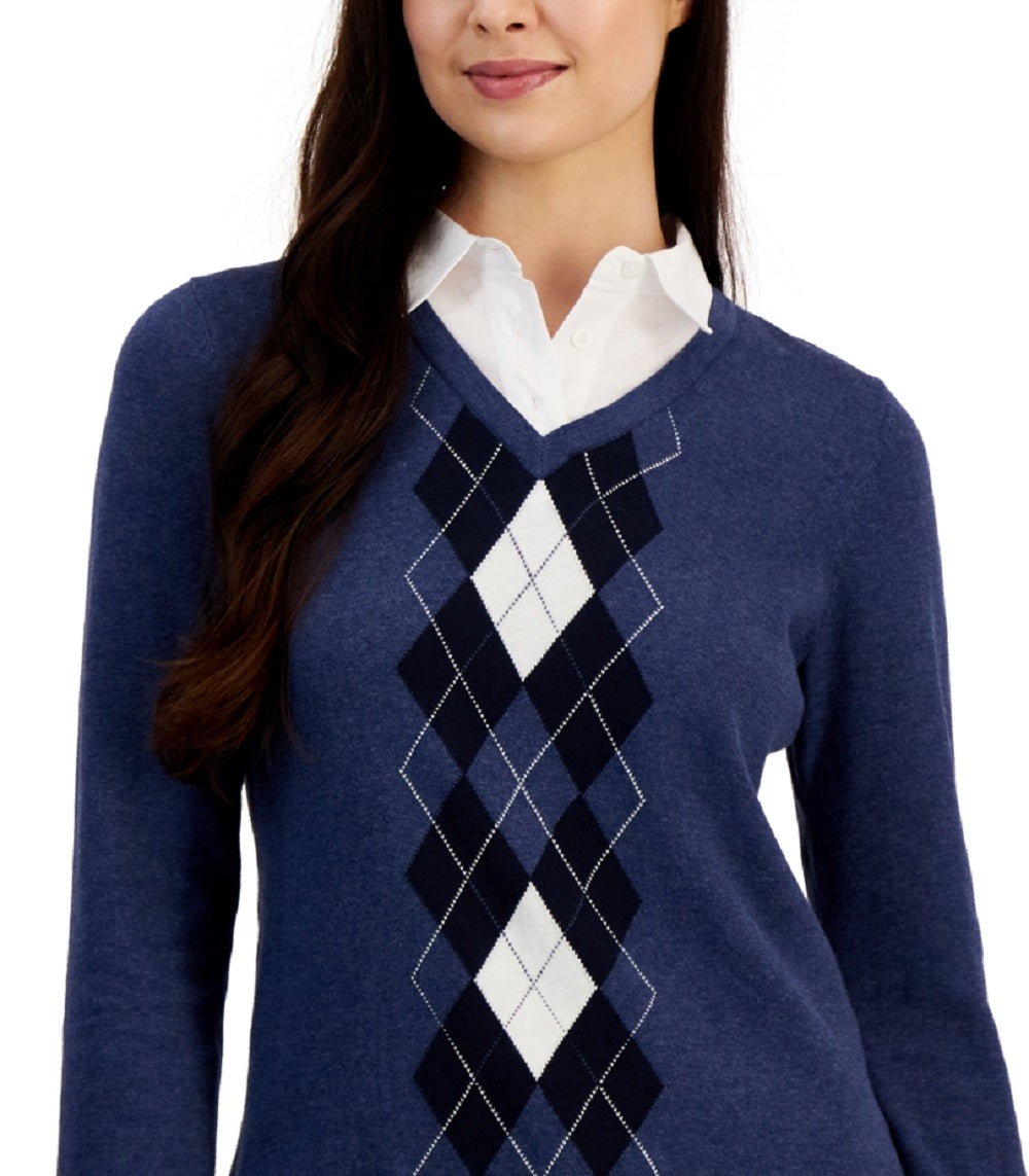 Tommy Hilfiger Suéter Feminino de Algodão com Estampa Argyle e Camadas Azul Tamanho P