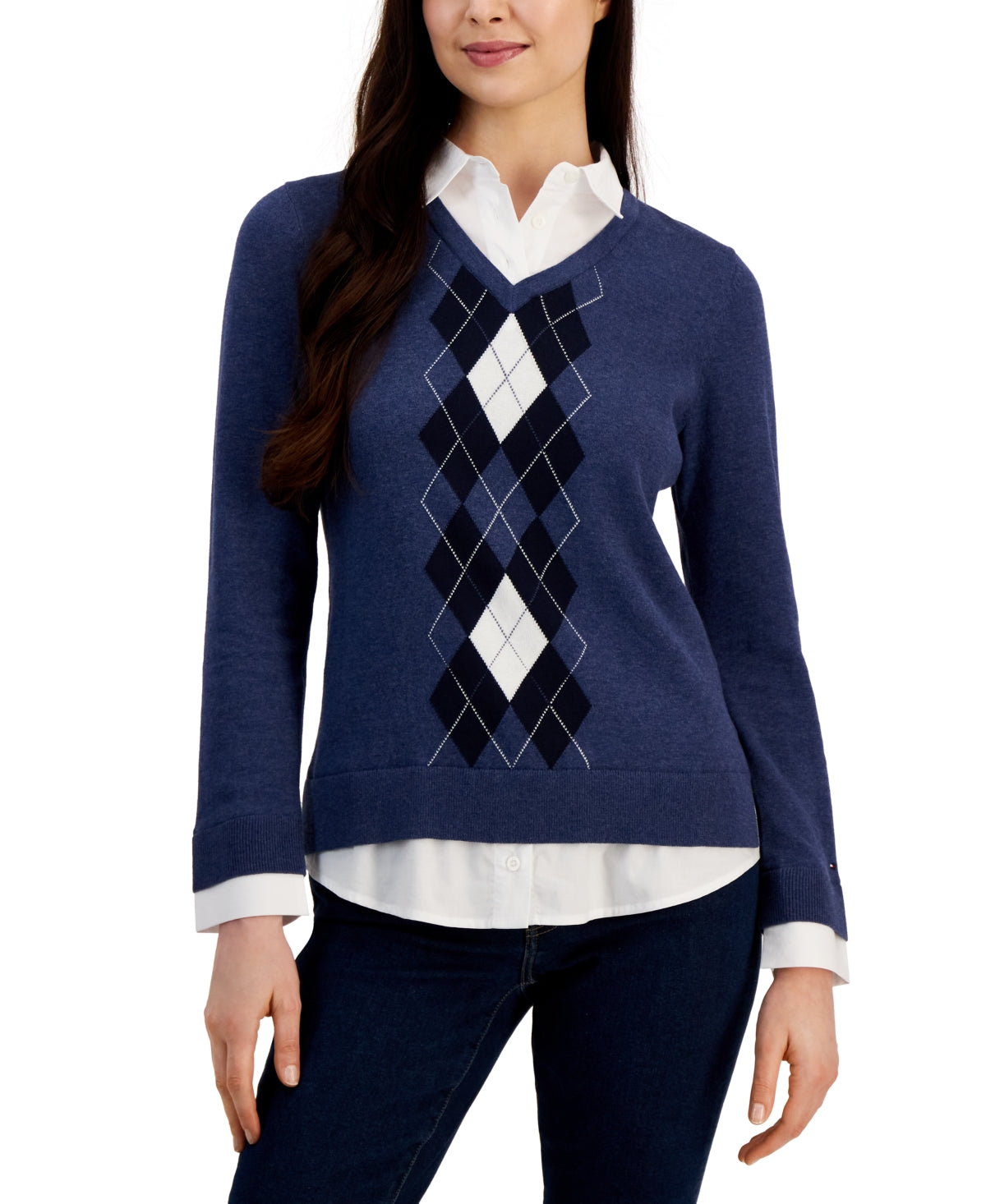 Tommy Hilfiger Suéter Feminino de Algodão com Estampa Argyle e Camadas Azul Tamanho P