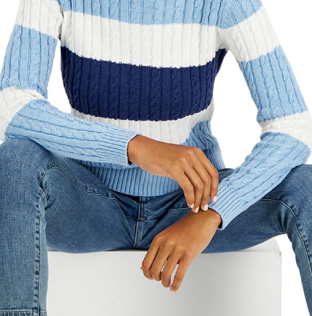 Tommy Hilfiger Suéter de malha de algodão com logo da bandeira feminino, em blocos de cores, azul, tamanho grande