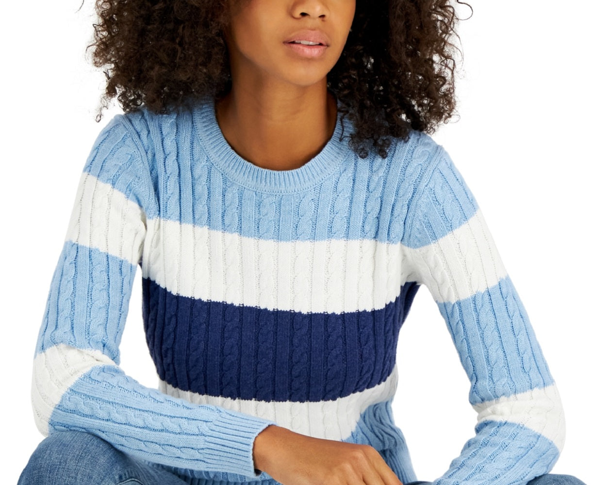 Tommy Hilfiger Suéter de malha de algodão com logo da bandeira feminino, em blocos de cores, azul, tamanho pequeno