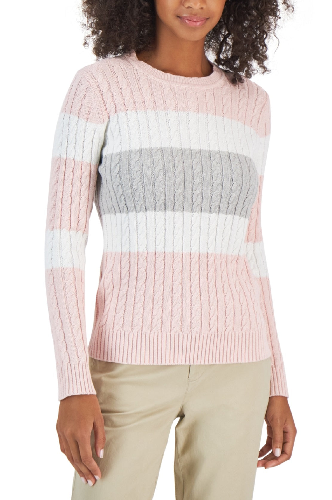 Tommy Hilfiger Suéter de malha de algodão com logo da bandeira feminino, colorblock, rosa, tamanho grande