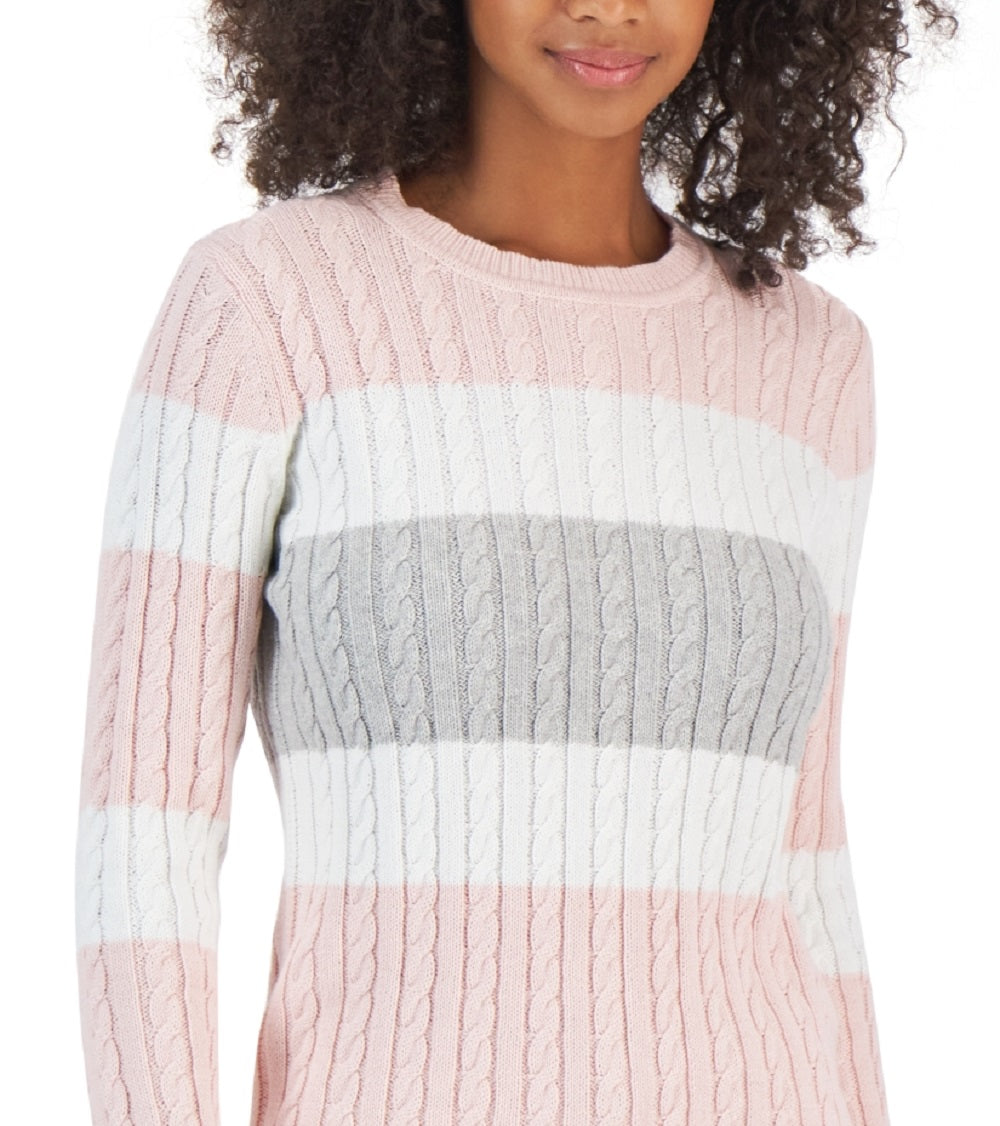 Tommy Hilfiger Suéter de malha de algodão com logo da bandeira feminino, colorblock, rosa, tamanho X-S