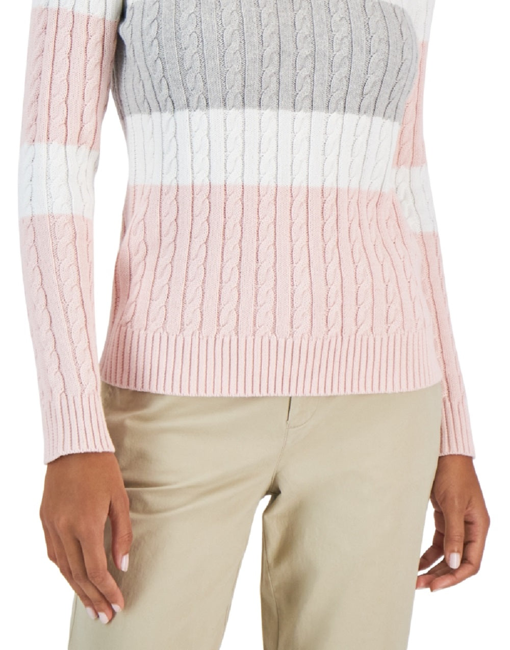 Tommy Hilfiger Suéter de malha de algodão com logo da bandeira feminino, colorblock, rosa, tamanho X-S