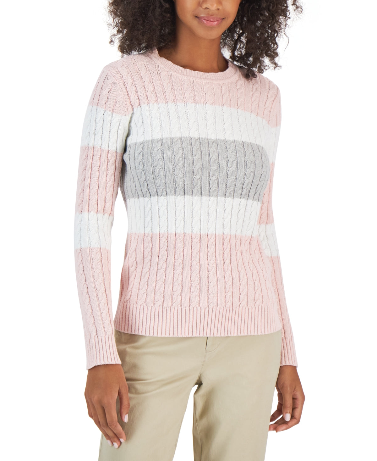 Tommy Hilfiger Suéter de malha de algodão com logo da bandeira feminino, colorblock, rosa, tamanho X-S