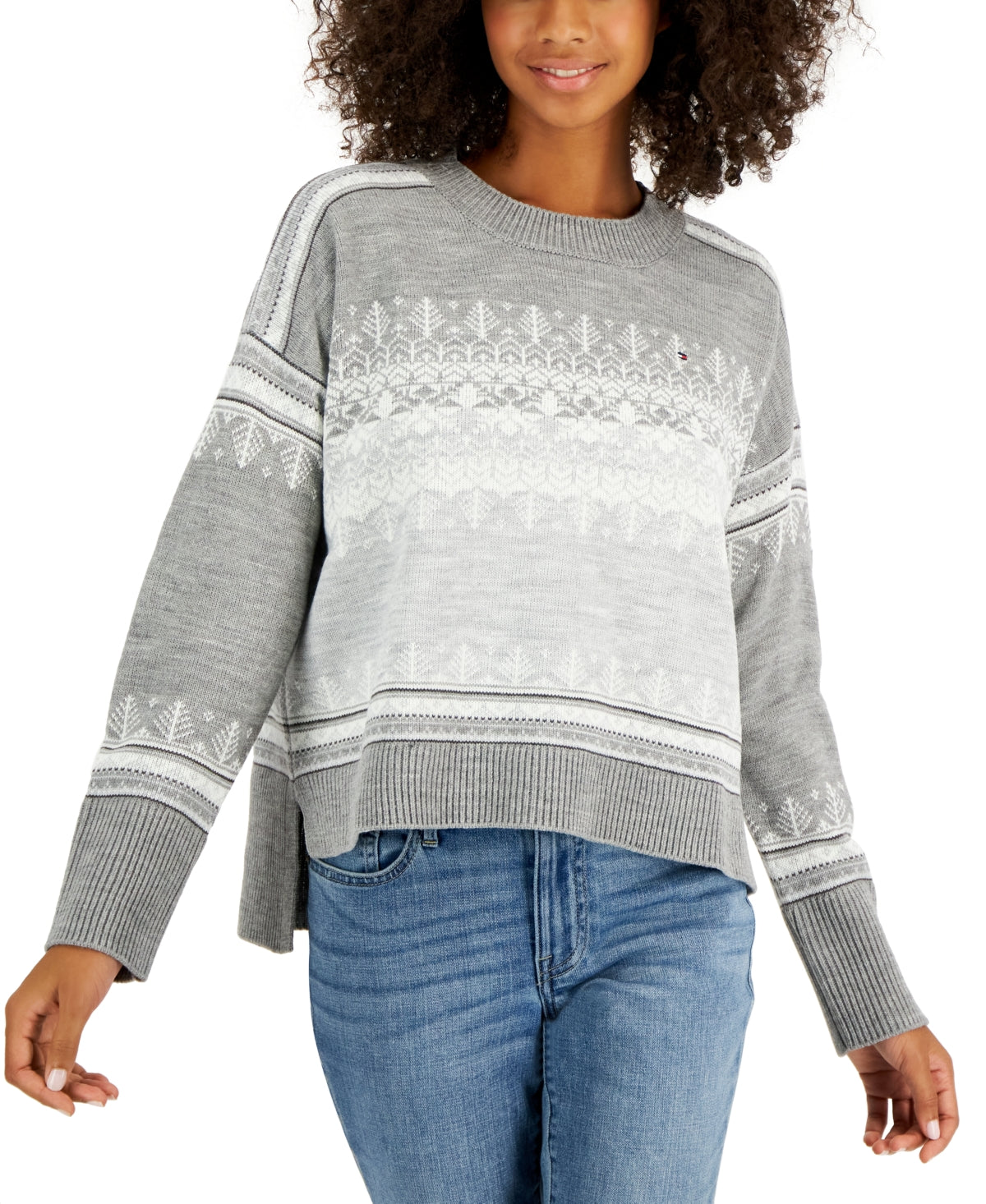 Tommy Hilfiger Fair Isle Suéter Ombro Caído Feminino Cinza Tamanho Médio