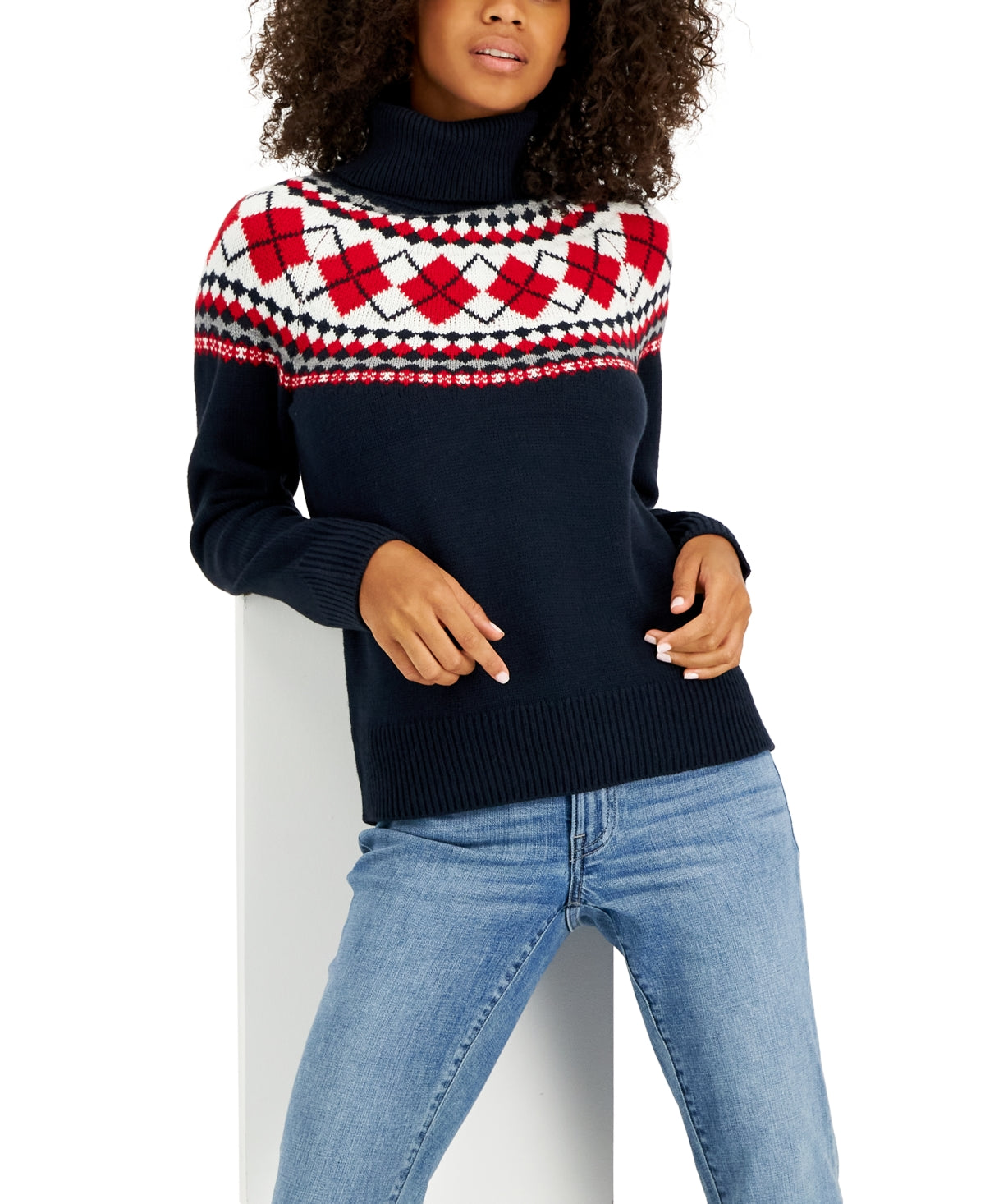 Suéter Tommy Hilfiger Feminino Argyle Gola Alta Azul