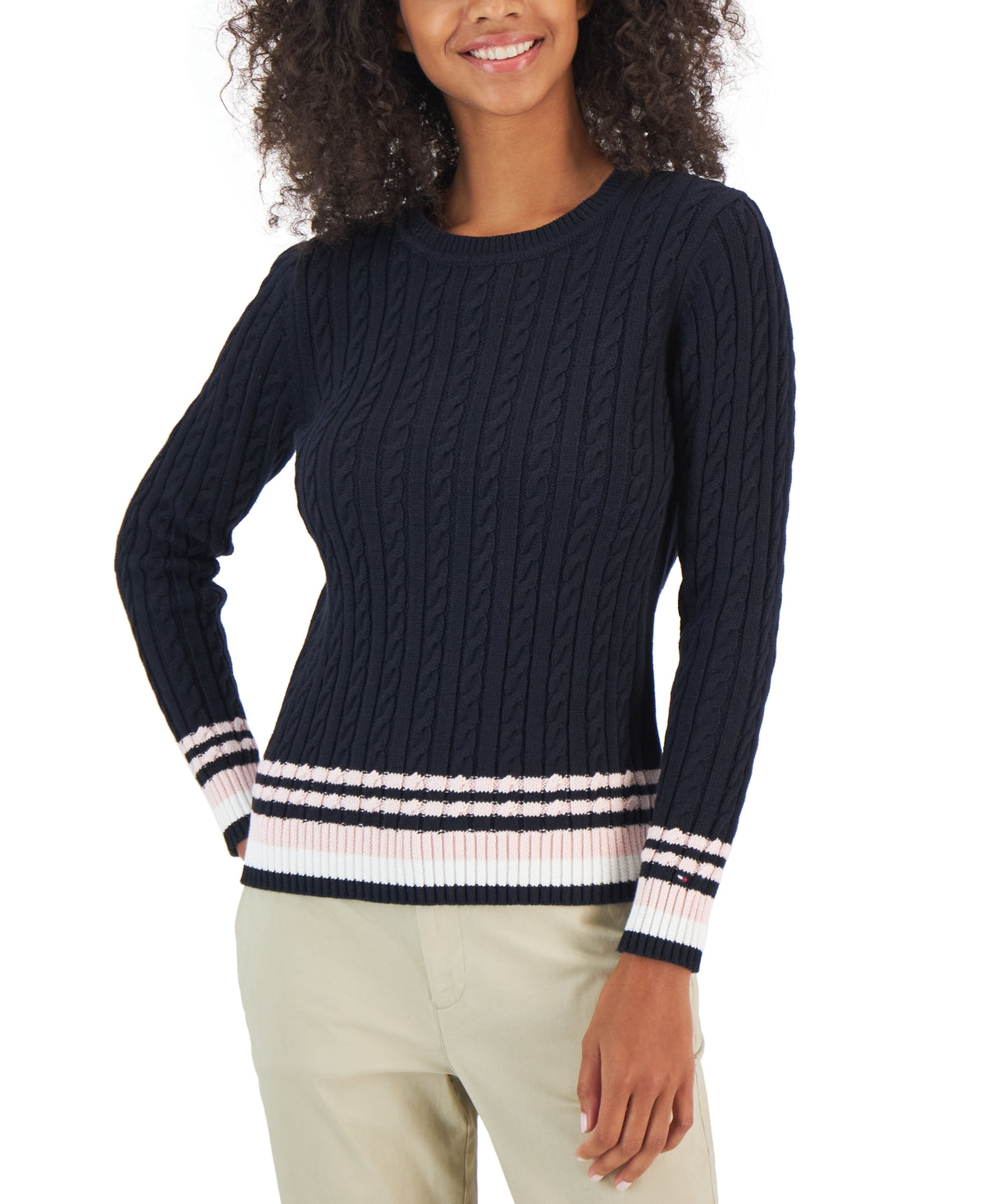 Tommy Hilfiger Suéter Feminino de Algodão com Mangas Pontudas em Tricô Azul Tamanho X-G