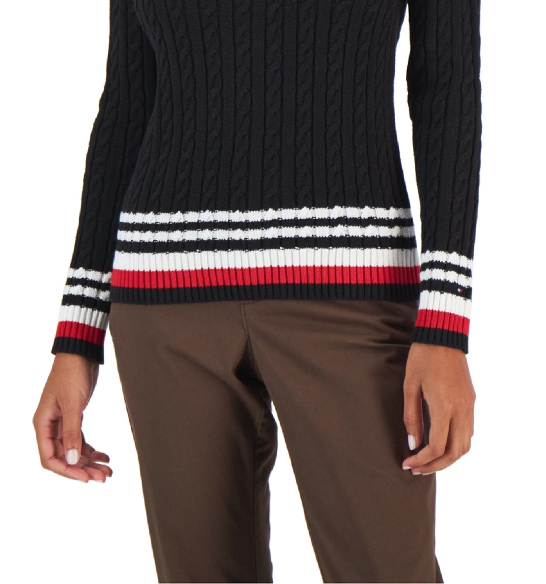 Tommy Hilfiger Suéter Feminino de Algodão com Mangas Pontudas em Tricô, Preto, Tamanho Médio