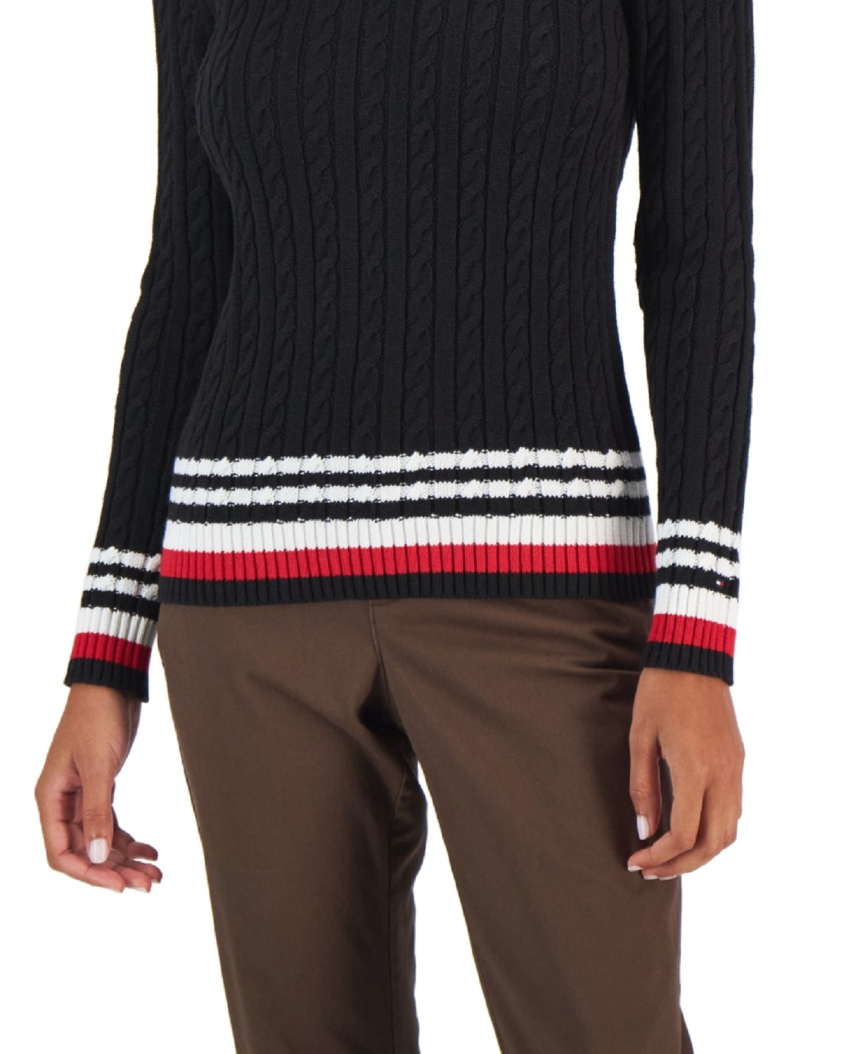 Tommy Hilfiger Suéter Feminino de Algodão com Mangas Pontudas em Tricô, Preto, Tamanho P