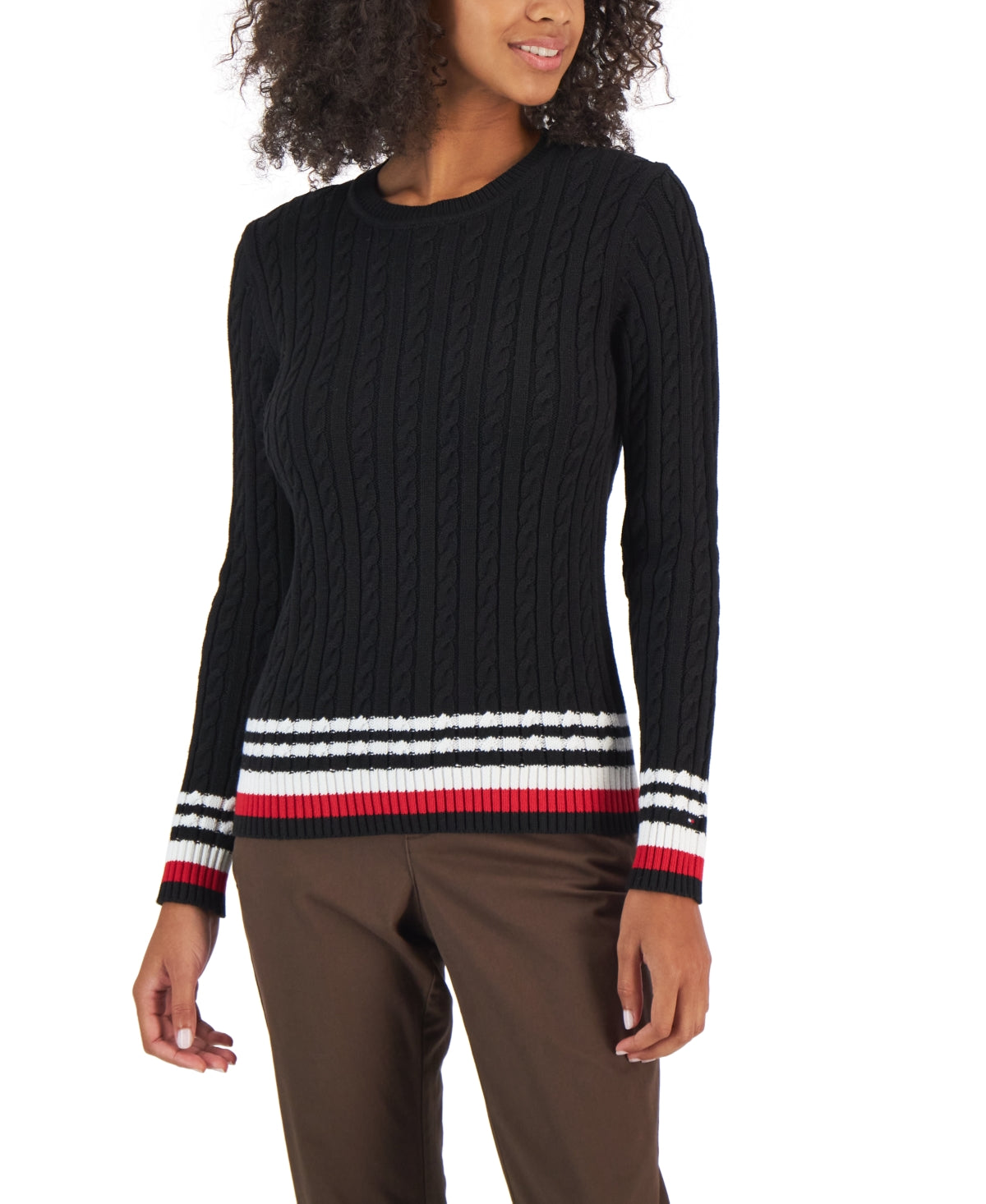 Tommy Hilfiger Suéter Feminino de Algodão com Mangas Pontudas em Tricô, Preto, Tamanho P