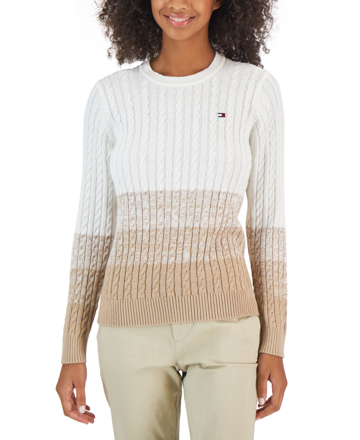 Tommy Hilfiger Suéter Feminino de Algodão Ombré Cable Knit Branco Tamanho P