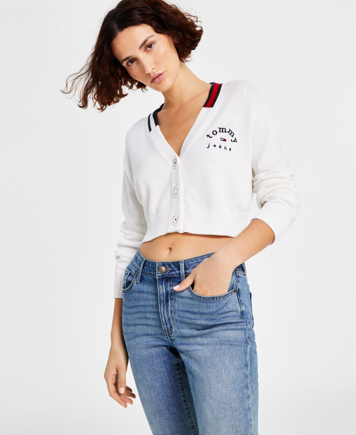 Tommy Jeans Cardigan Cropped Feminino Gola V Branco Tamanho Médio