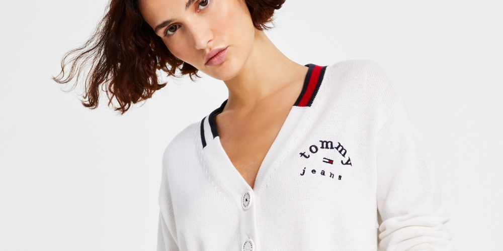 Tommy Jeans Cardigan Cropped Feminino Gola V Branco Tamanho Médio