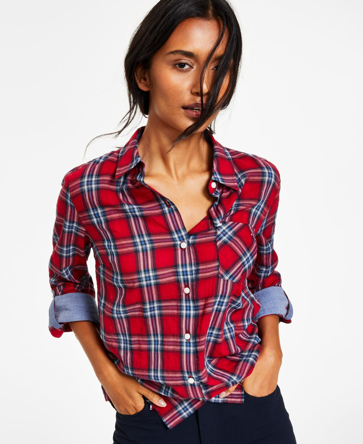 Camisa Tommy Hilfiger Feminina com Aba Lateral e Botões Vermelha Tamanho Grande
