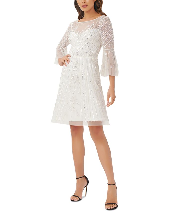 Vestido feminino Adrianna Papell com detalhe de ilusão, manga flare, corte A, branco, tamanho 2