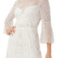 Vestido feminino Adrianna Papell com detalhe de ilusão, manga flare, corte A, branco, tamanho 2