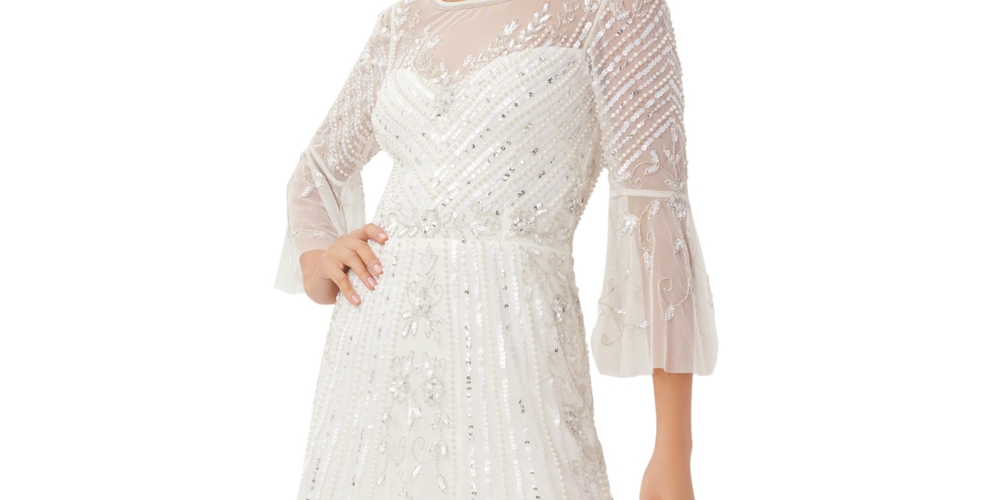 Vestido feminino Adrianna Papell com detalhe de ilusão, manga flare, corte A, branco, tamanho 2