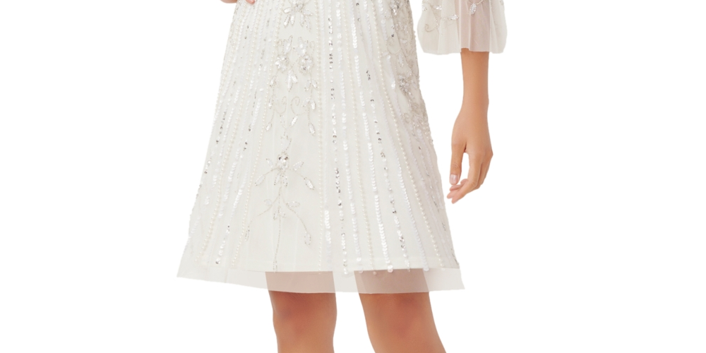 Vestido feminino Adrianna Papell com detalhe de ilusão, manga flare, corte A, branco, tamanho 2