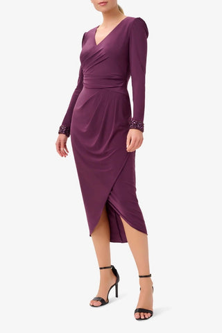 Vestido midi envelope preto de jersey feminino Adrianna Papell, manga comprida, tamanho M