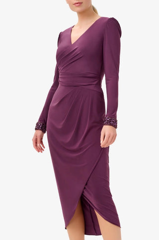 Vestido midi envelope preto de jersey feminino Adrianna Papell, manga comprida, tamanho M